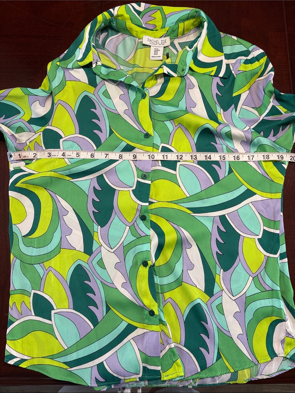 Rachel Zoe Abstract Green, Teal, Lime and Lavender Button-Down Shirt - Picture 8 of 9